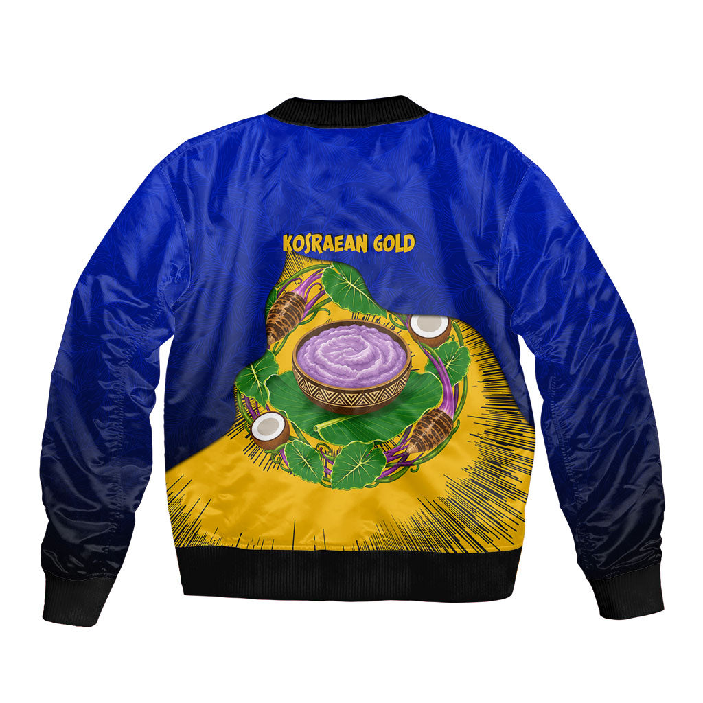Kosrae Fafa Culinary Heritage Sleeve Zip Bomber Jacket Kosraean Gold Taro Tradition Illustration With Coconut Leaves