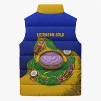 Kosrae Fafa Culinary Heritage Sleeveless Puffer Jacket Kosraean Gold Taro Tradition Illustration With Coconut Leaves