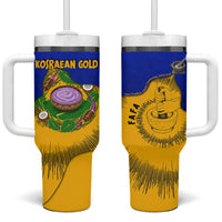 Kosrae Fafa Culinary Heritage Tumbler With Handle Kosraean Gold Taro Tradition Illustration With Coconut Leaves