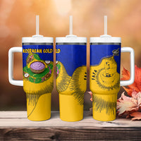 Kosrae Fafa Culinary Heritage Tumbler With Handle Kosraean Gold Taro Tradition Illustration With Coconut Leaves