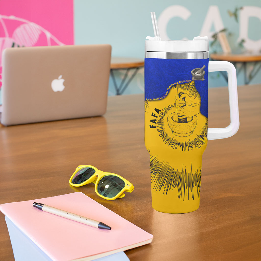 Kosrae Fafa Culinary Heritage Tumbler With Handle Kosraean Gold Taro Tradition Illustration With Coconut Leaves