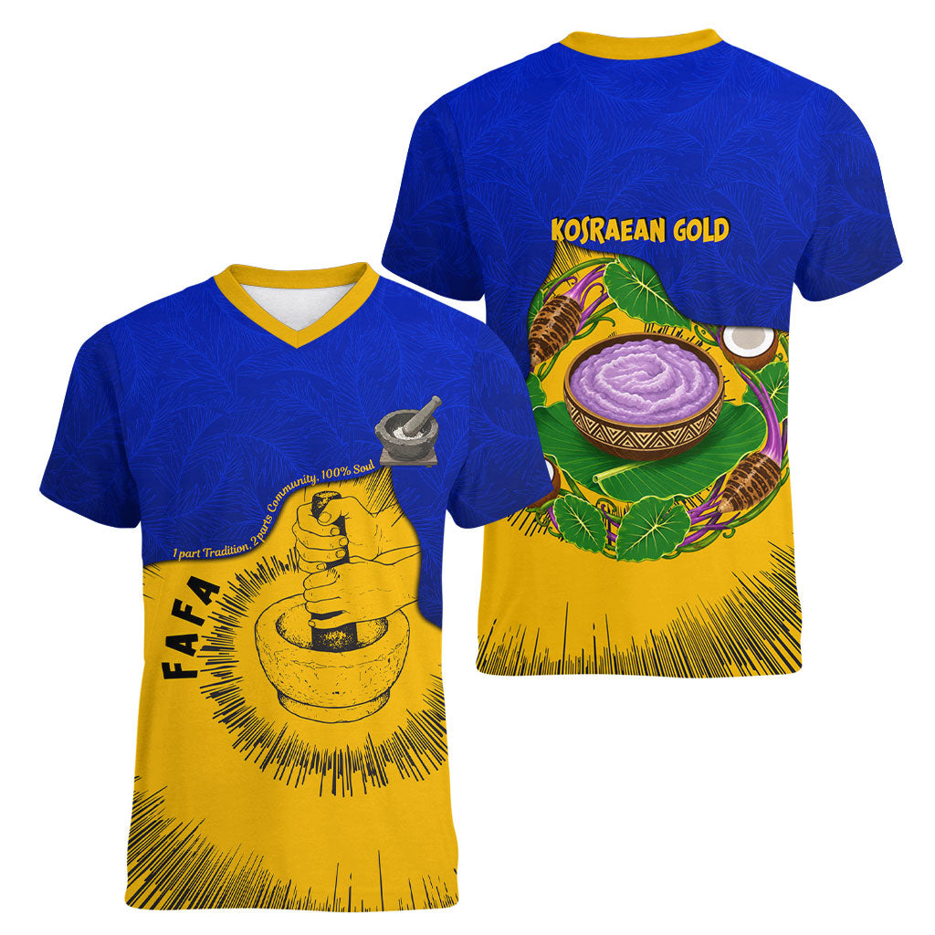 Kosrae Fafa Culinary Heritage Women V-Neck T-Shirt Kosraean Gold Taro Tradition Illustration With Coconut Leaves