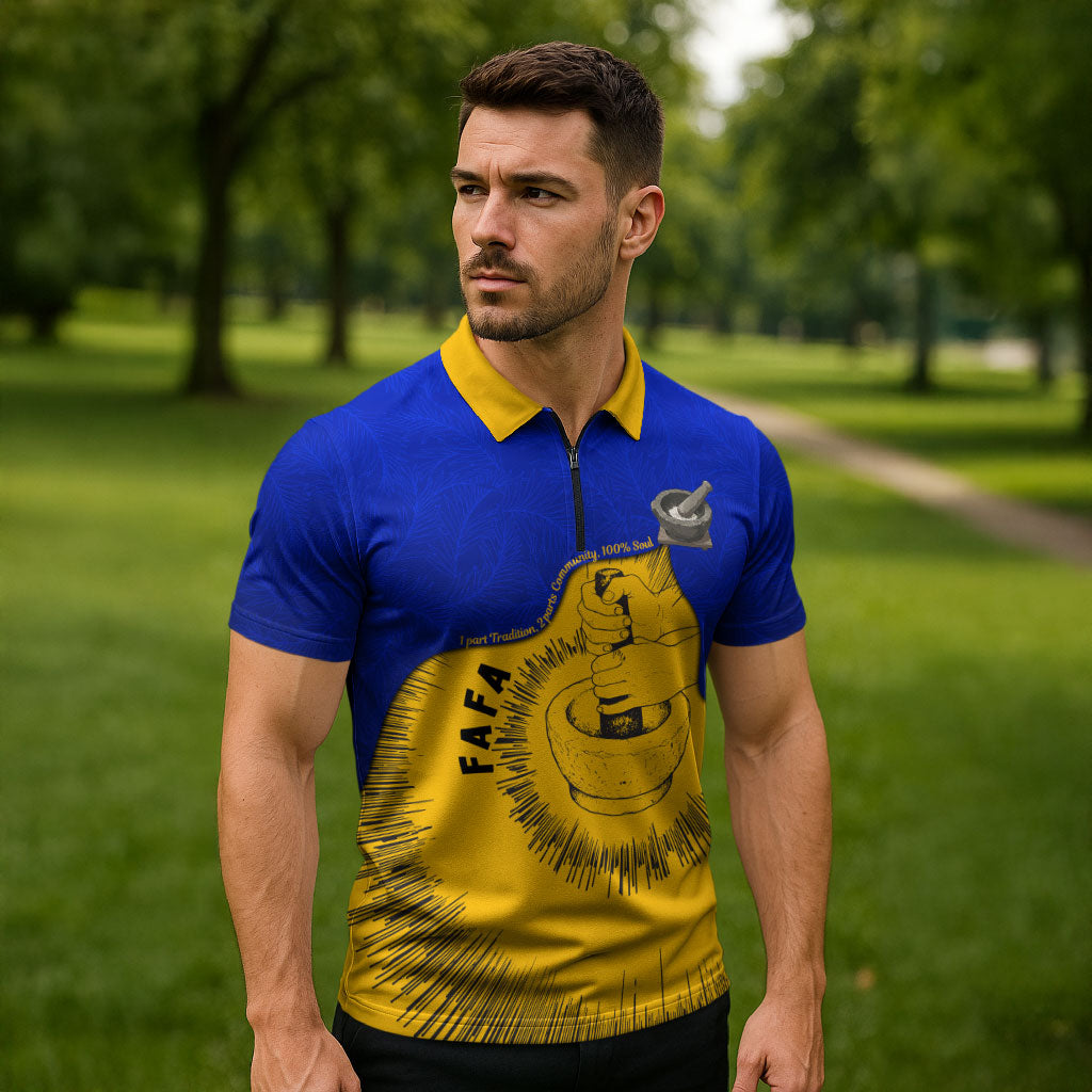 Kosrae Fafa Culinary Heritage Zipper Polo Shirt Kosraean Gold Taro Tradition Illustration With Coconut Leaves