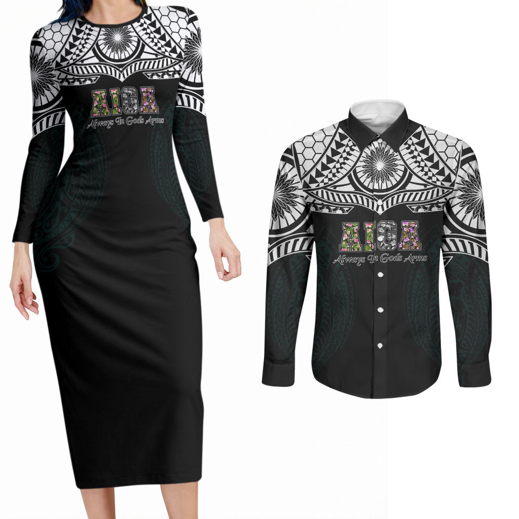 AIGA Always In Gods Arms Samoa Couples Matching Long Sleeve Bodycon Dress and Long Sleeve Button Shirt Polynesian Tribal Tattoo Art Family Heritage Faith TS04 Black White - Polynesian Pride