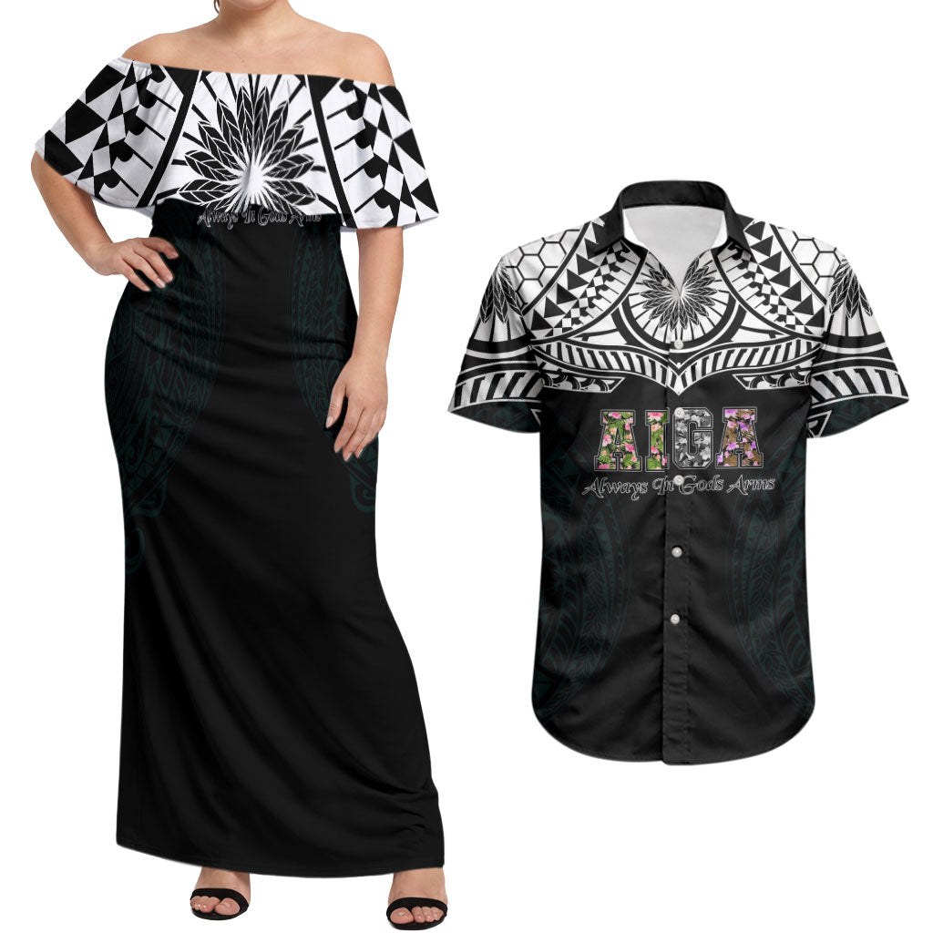 AIGA Always In Gods Arms Samoa Couples Matching Off Shoulder Maxi Dress and Hawaiian Shirt Polynesian Tribal Tattoo Art Family Heritage Faith TS04 Black White - Polynesian Pride