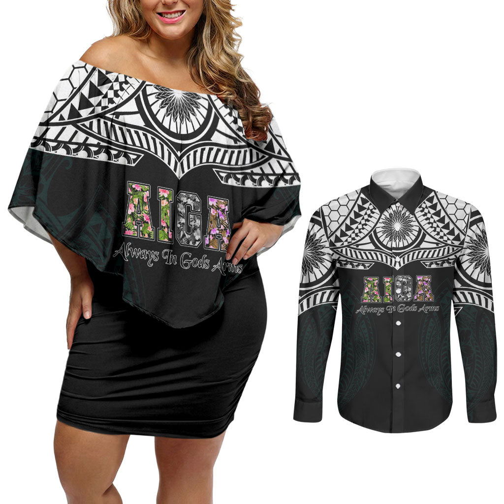 AIGA Always In Gods Arms Samoa Couples Matching Off Shoulder Short Dress and Long Sleeve Button Shirt Polynesian Tribal Tattoo Art Family Heritage Faith TS04 Black White - Polynesian Pride
