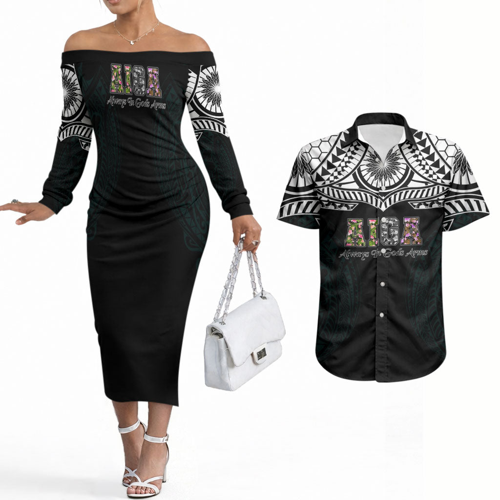 AIGA Always In Gods Arms Samoa Couples Matching Off The Shoulder Long Sleeve Dress and Hawaiian Shirt Polynesian Tribal Tattoo Art Family Heritage Faith TS04 Black White - Polynesian Pride