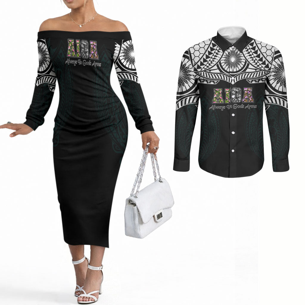 AIGA Always In Gods Arms Samoa Couples Matching Off The Shoulder Long Sleeve Dress and Long Sleeve Button Shirt Polynesian Tribal Tattoo Art Family Heritage Faith TS04 Black White - Polynesian Pride