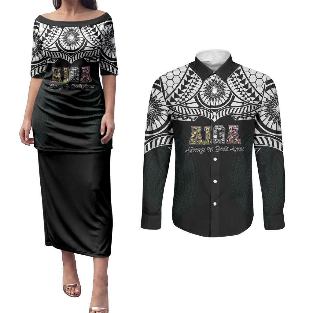 AIGA Always In Gods Arms Samoa Couples Matching Puletasi and Long Sleeve Button Shirt Polynesian Tribal Tattoo Art Family Heritage Faith TS04 Black White - Polynesian Pride