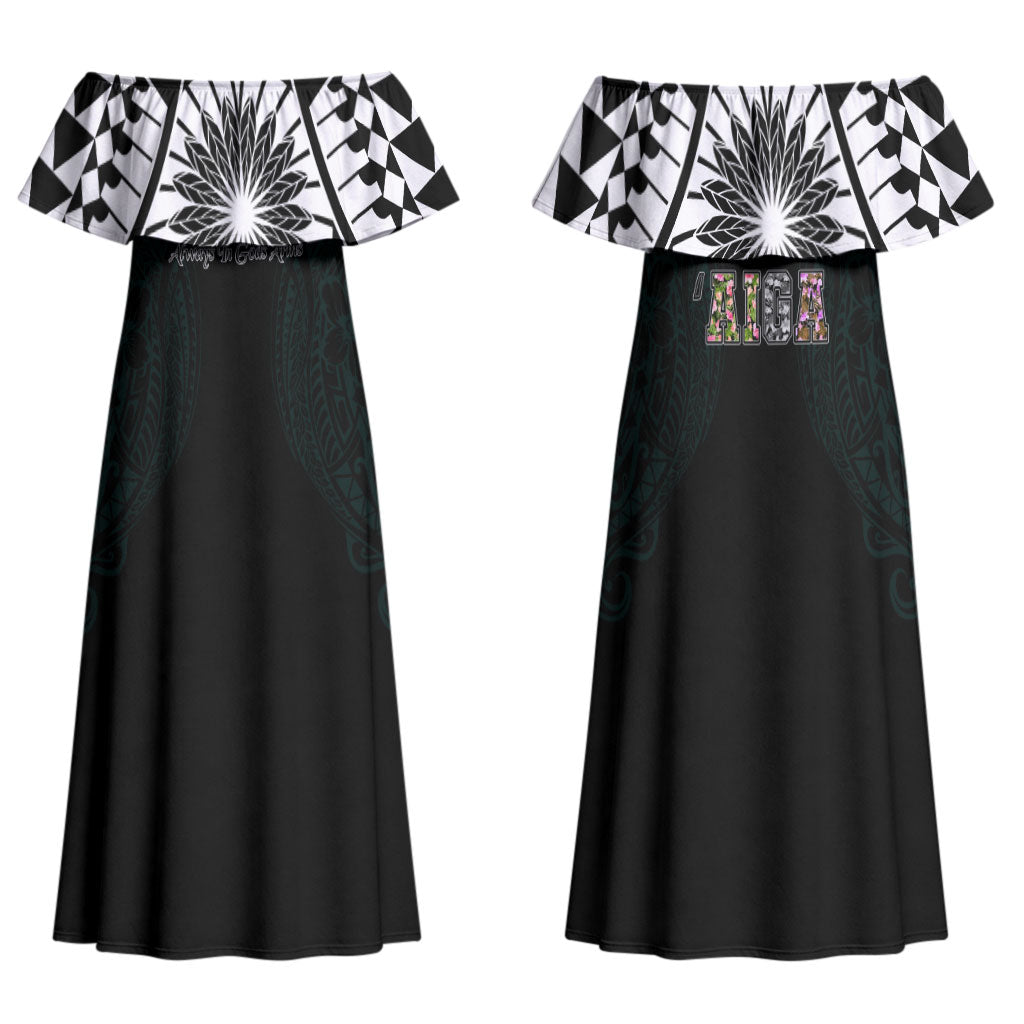 AIGA Always In Gods Arms Samoa Family Matching Off Shoulder Maxi Dress and Hawaiian Shirt Polynesian Tribal Tattoo Art Family Heritage Faith TS04 Mom's Dress Black White - Polynesian Pride
