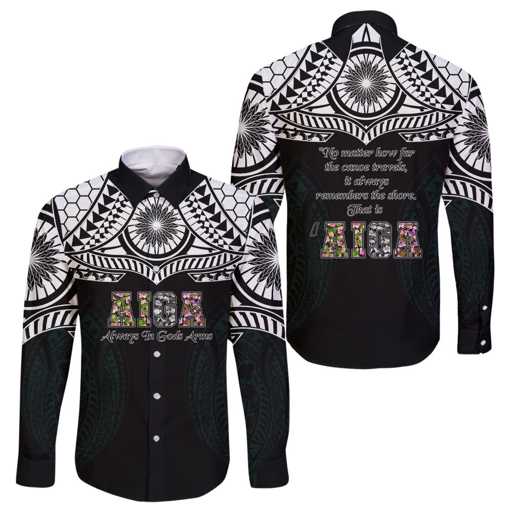 AIGA Always In Gods Arms Samoa Family Matching Off Shoulder Maxi Dress and Hawaiian Shirt Polynesian Tribal Tattoo Art Family Heritage Faith TS04 Dad's Shirt - Long Sleeve Black White - Polynesian Pride