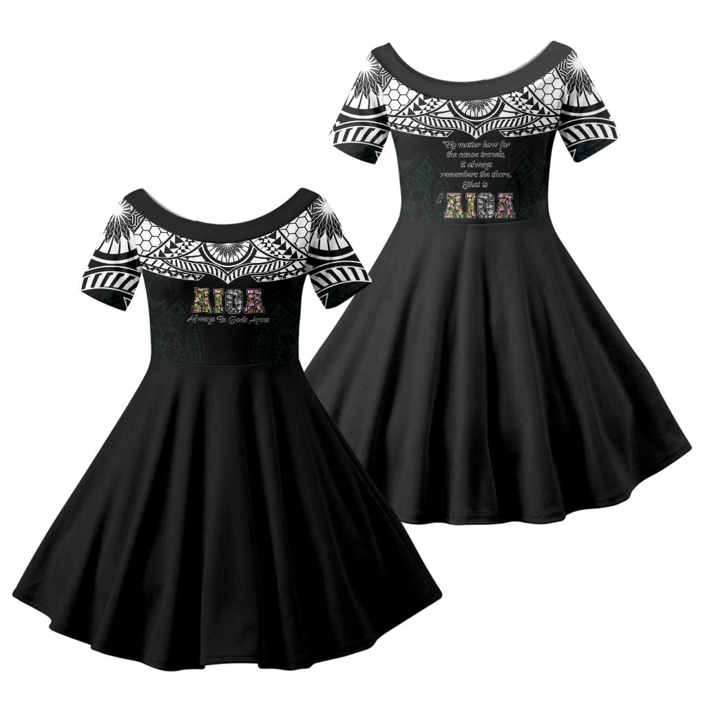 AIGA Always In Gods Arms Samoa Family Matching Off Shoulder Maxi Dress and Hawaiian Shirt Polynesian Tribal Tattoo Art Family Heritage Faith TS04 Daughter's Dress Black White - Polynesian Pride