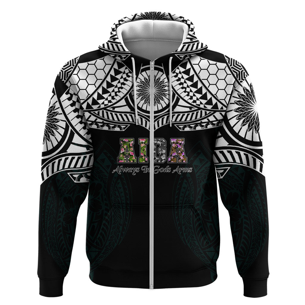 AIGA Always In Gods Arms Samoa Hoodie Polynesian Tribal Tattoo Art Family Heritage Faith TS04 Zip Hoodie Black White - Polynesian Pride