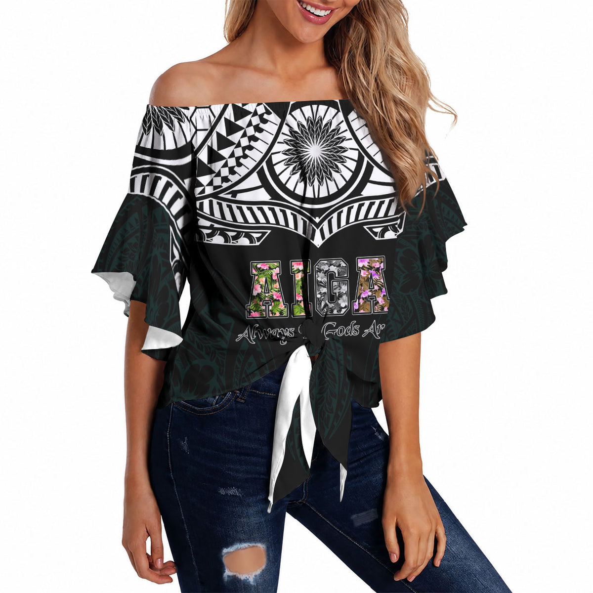 AIGA Always In Gods Arms Samoa Off Shoulder Wrap Waist Top Polynesian Tribal Tattoo Art Family Heritage Faith TS04 Black White - Polynesian Pride