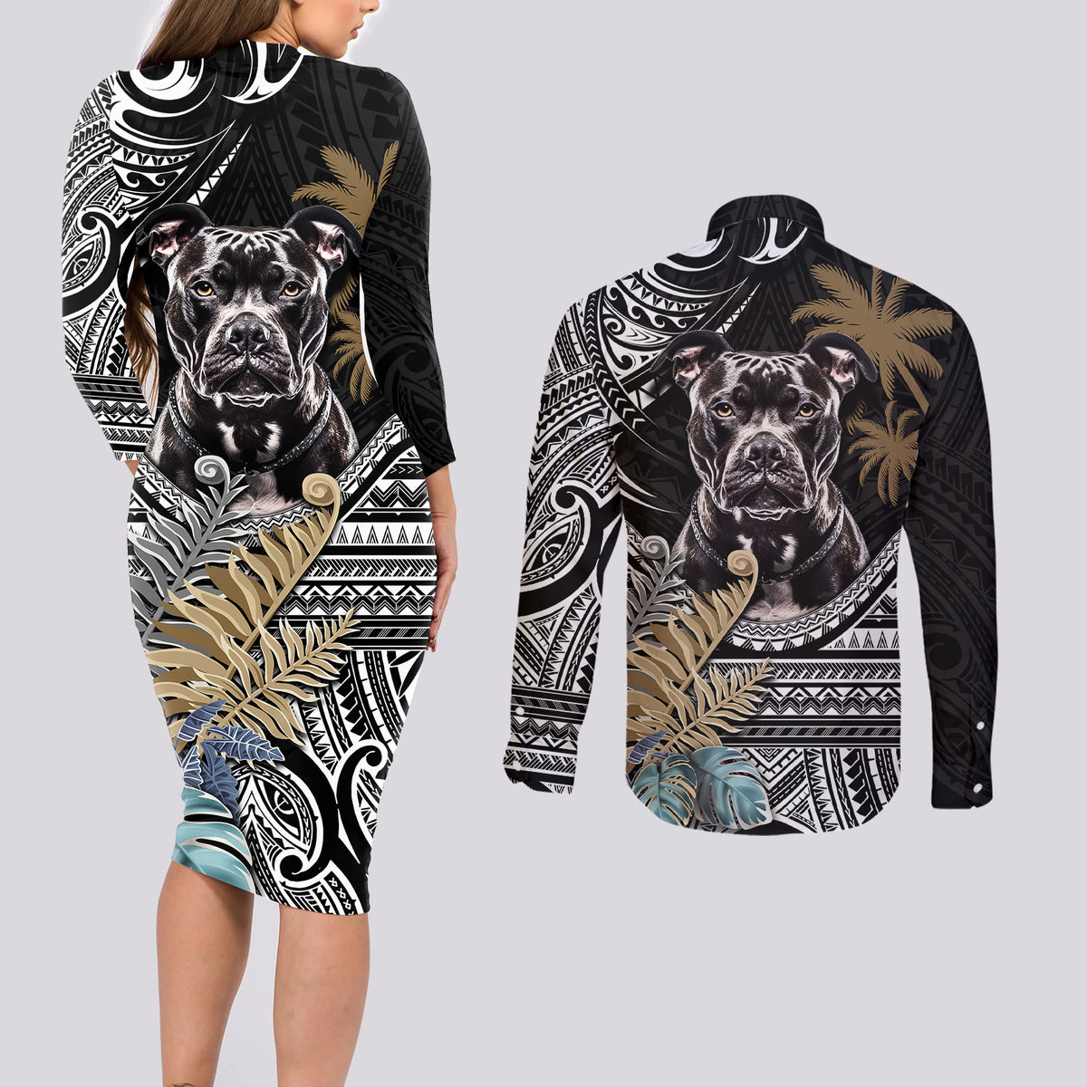 Polynesian Pitbull Couples Matching Long Sleeve Bodycon Dress and Long Sleeve Button Shirts Polynesian Pattern And Pitbull TS04 - Polynesian Pride