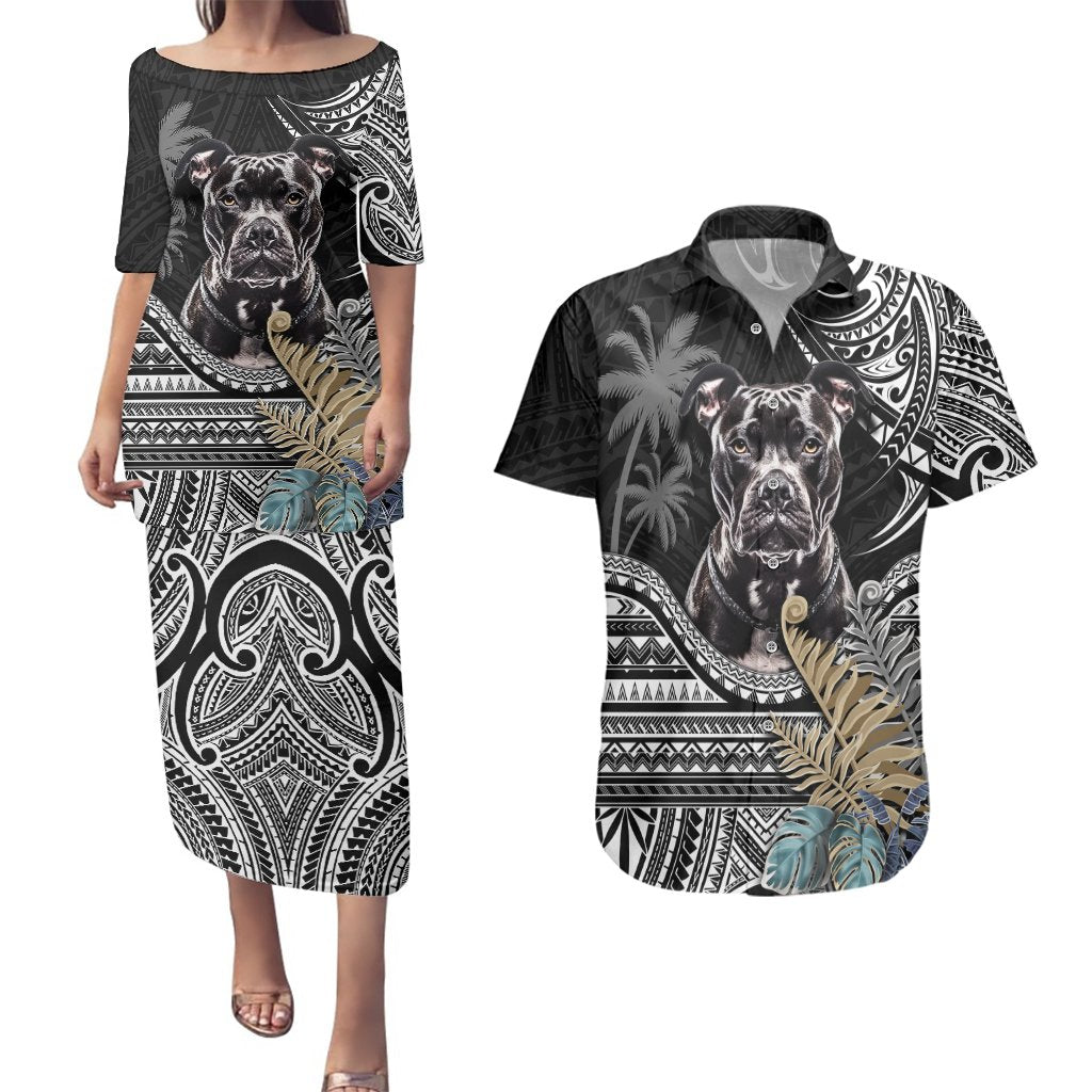 Polynesian Pitbull Couples Matching Puletasi Dress and Hawaiian Shirt Polynesian Pattern And Pitbull TS04 Black - Polynesian Pride