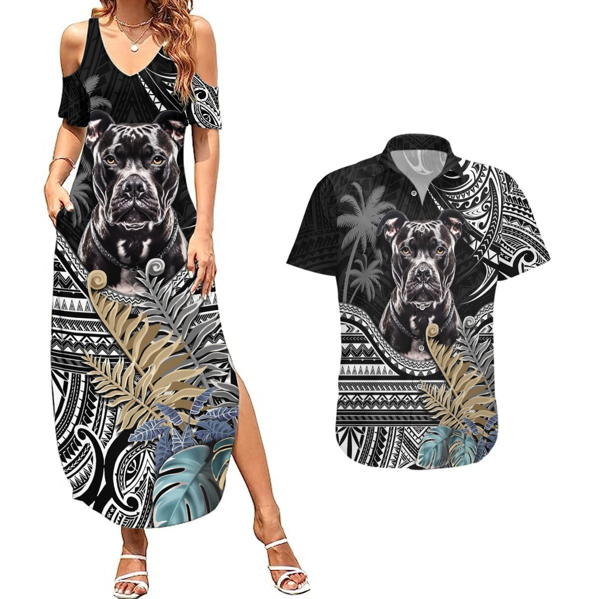 Polynesian Pitbull Couples Matching Summer Maxi Dress and Hawaiian Shirt Polynesian Pattern And Pitbull TS04 Black - Polynesian Pride