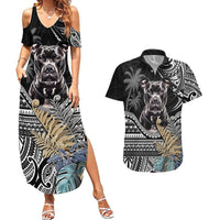 Polynesian Pitbull Couples Matching Summer Maxi Dress and Hawaiian Shirt Polynesian Pattern And Pitbull TS04 Black - Polynesian Pride