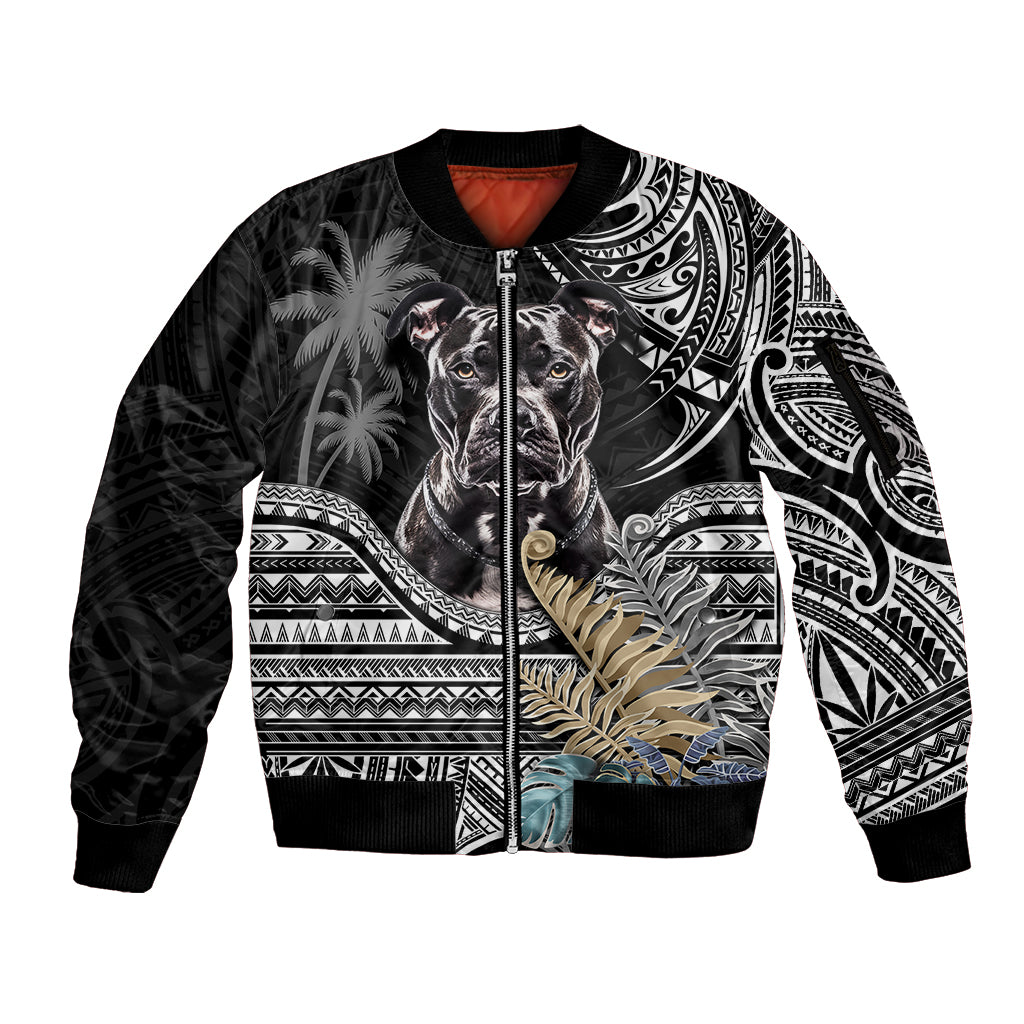 Polynesian Pitbull Sleeve Zip Bomber Jacket Polynesian Pattern And Pitbull TS04 Unisex Black - Polynesian Pride