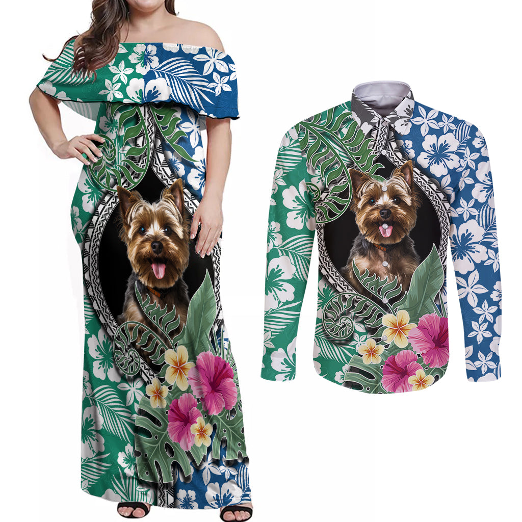 Polynesian Yorkshire Terrier Couples Matching Off Shoulder Maxi Dress and Long Sleeve Button Shirts Polynesian Pattern And Yorkshire Terrier TS04 Multicolor - Polynesian Pride