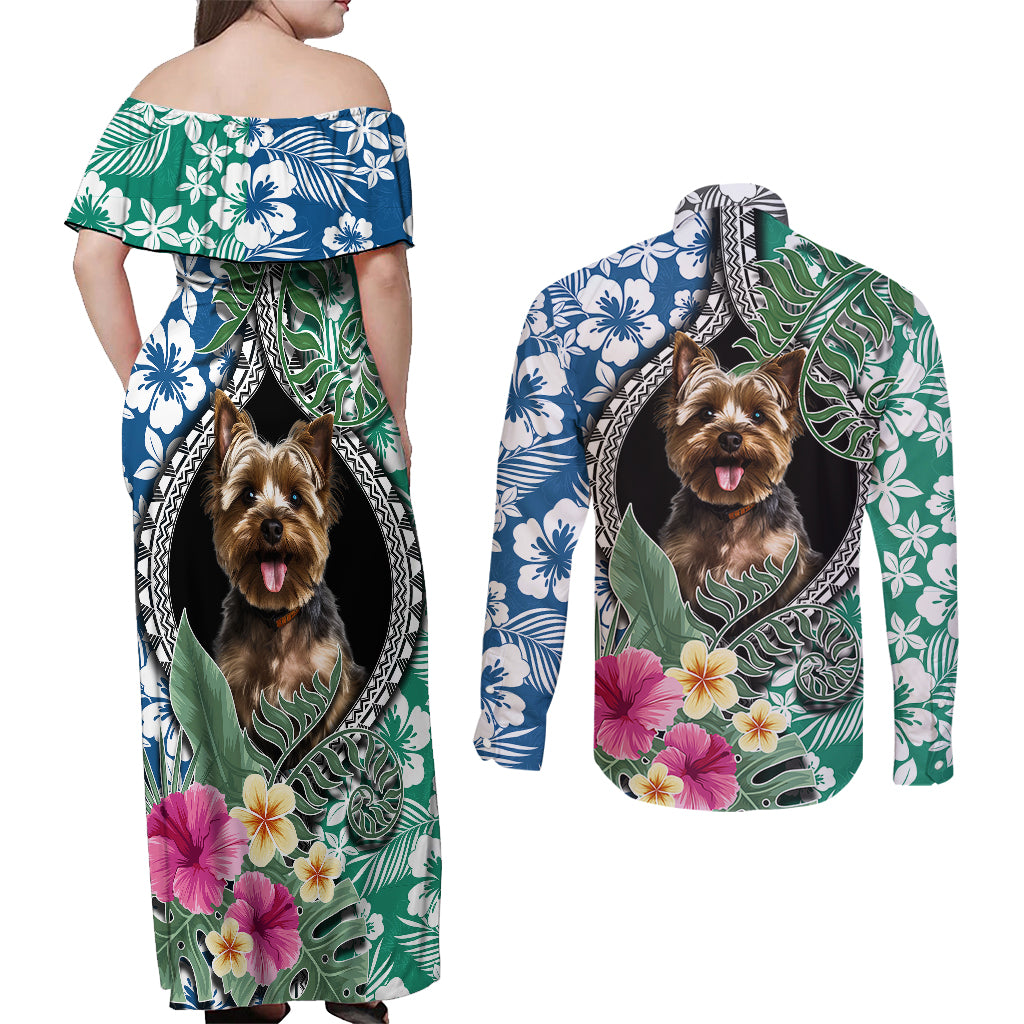 Polynesian Yorkshire Terrier Couples Matching Off Shoulder Maxi Dress and Long Sleeve Button Shirts Polynesian Pattern And Yorkshire Terrier TS04 - Polynesian Pride