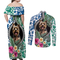 Polynesian Yorkshire Terrier Couples Matching Off Shoulder Maxi Dress and Long Sleeve Button Shirts Polynesian Pattern And Yorkshire Terrier TS04 - Polynesian Pride