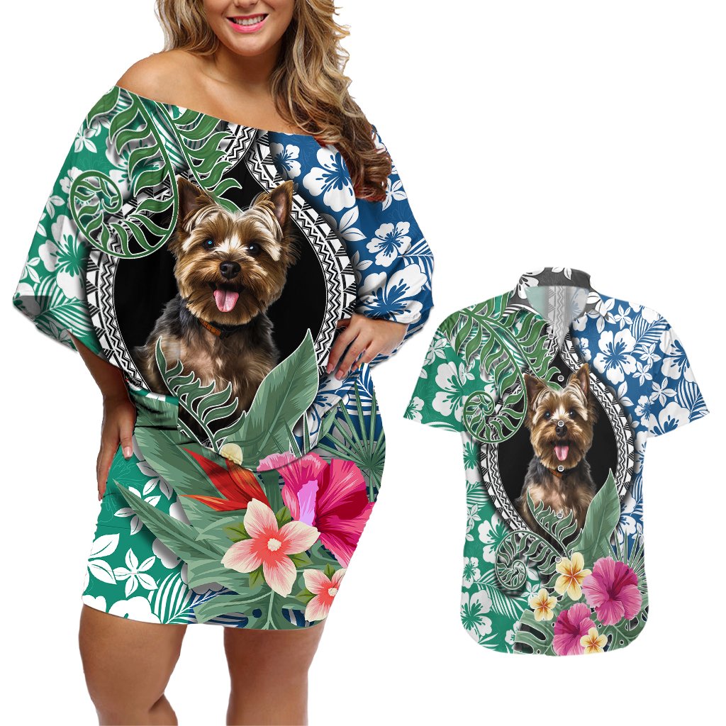 Polynesian Yorkshire Terrier Couples Matching Off Shoulder Short Dress and Hawaiian Shirt Polynesian Pattern And Yorkshire Terrier TS04 Multicolor - Polynesian Pride