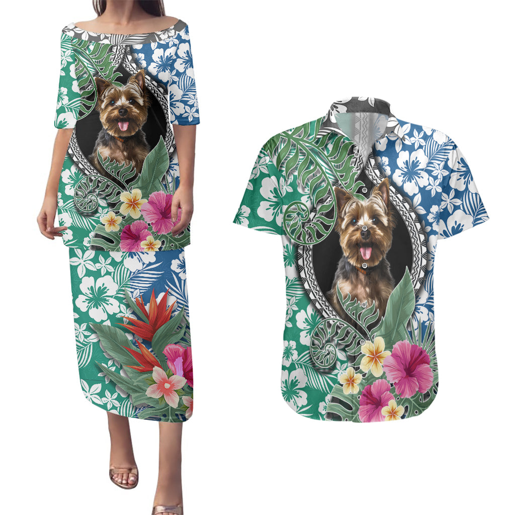 Polynesian Yorkshire Terrier Couples Matching Puletasi Dress and Hawaiian Shirt Polynesian Pattern And Yorkshire Terrier TS04 Multicolor - Polynesian Pride