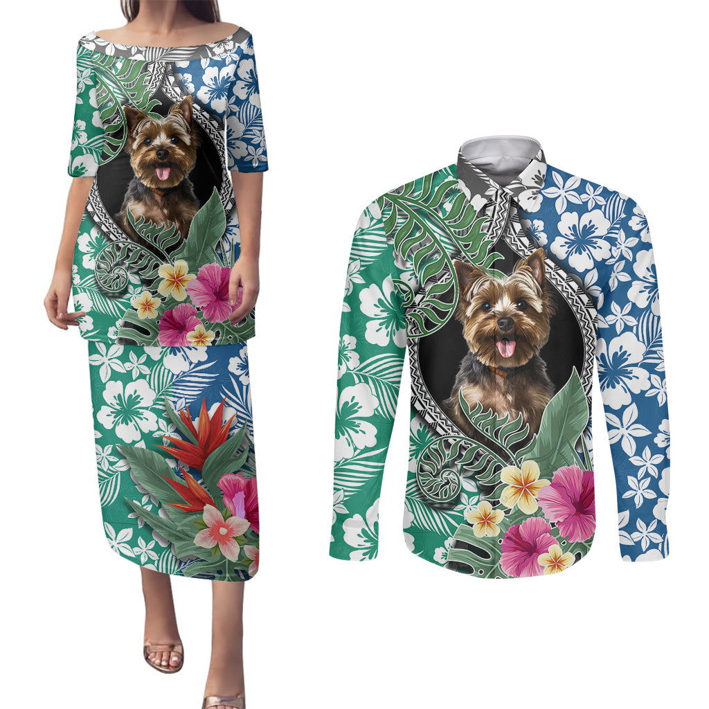 Polynesian Yorkshire Terrier Couples Matching Puletasi Dress and Long Sleeve Button Shirts Polynesian Pattern And Yorkshire Terrier TS04 Multicolor - Polynesian Pride