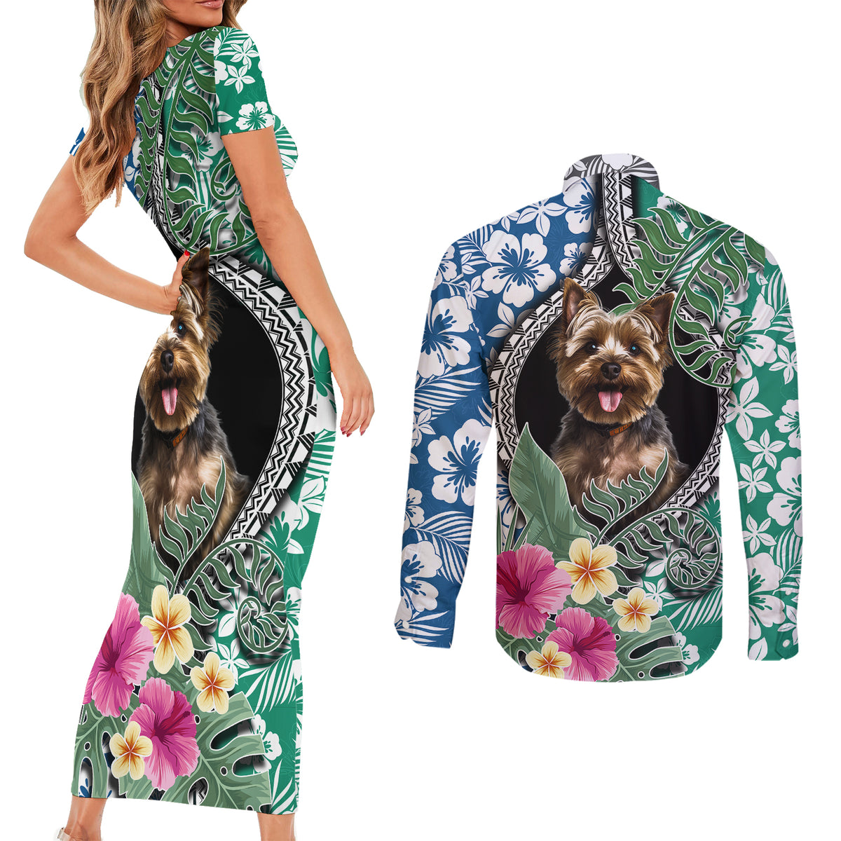 Polynesian Yorkshire Terrier Couples Matching Short Sleeve Bodycon Dress and Long Sleeve Button Shirts Polynesian Pattern And Yorkshire Terrier TS04 - Polynesian Pride