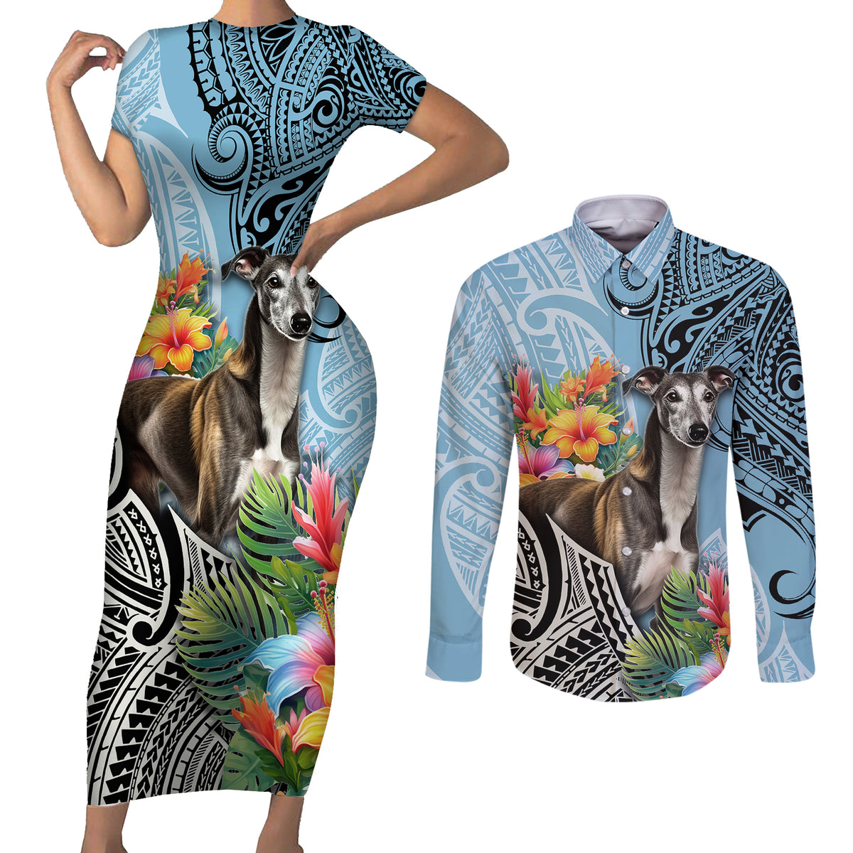 Polynesian Greyhound Couples Matching Short Sleeve Bodycon Dress and Long Sleeve Button Shirts Polynesian Pattern And Greyhound TS04 Cyan - Polynesian Pride