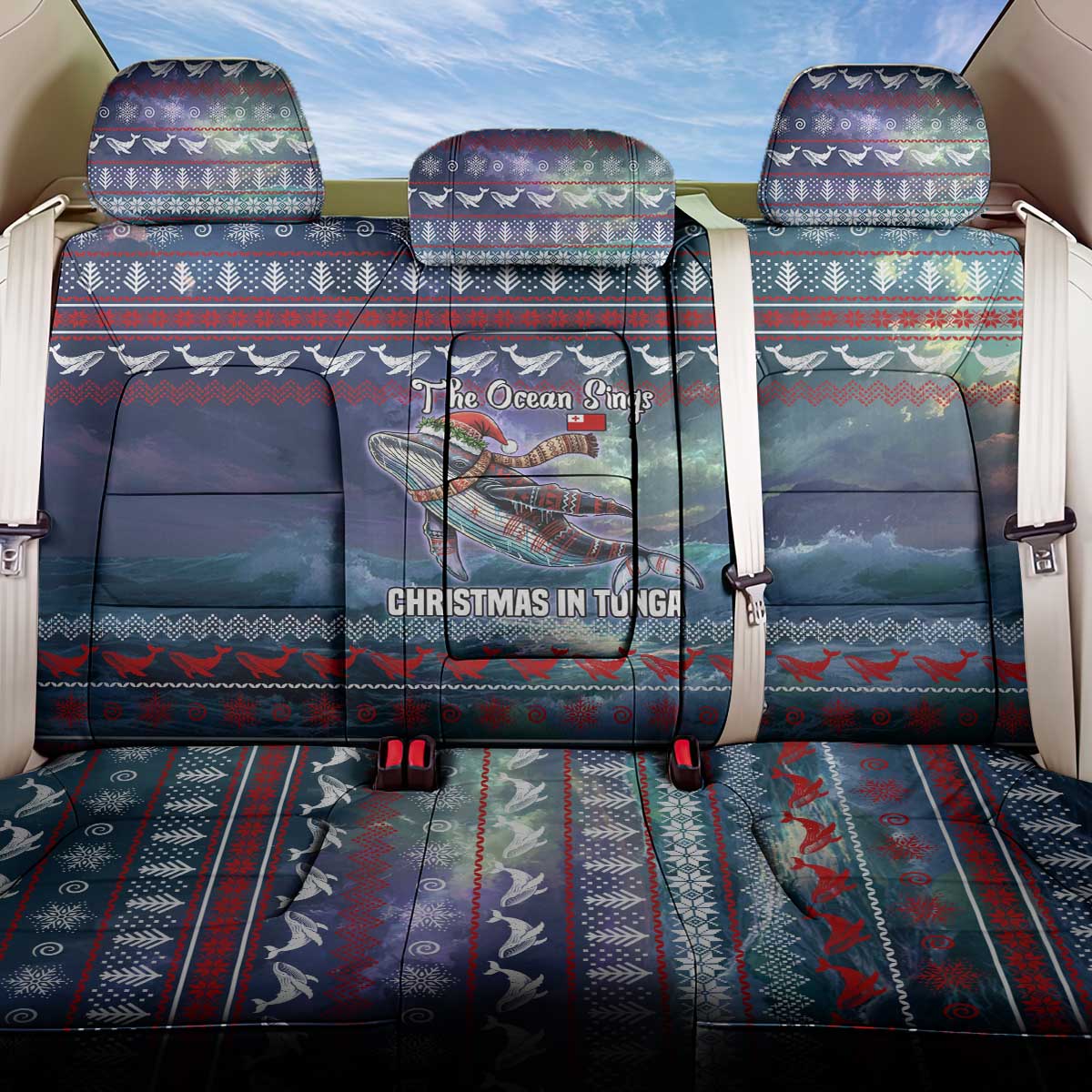 Tonga Christmas Back Car Seat Cover with Singing Whale Ocean Scene National Coat of Arms TS04 One Size Multicolor - Polynesian Pride
