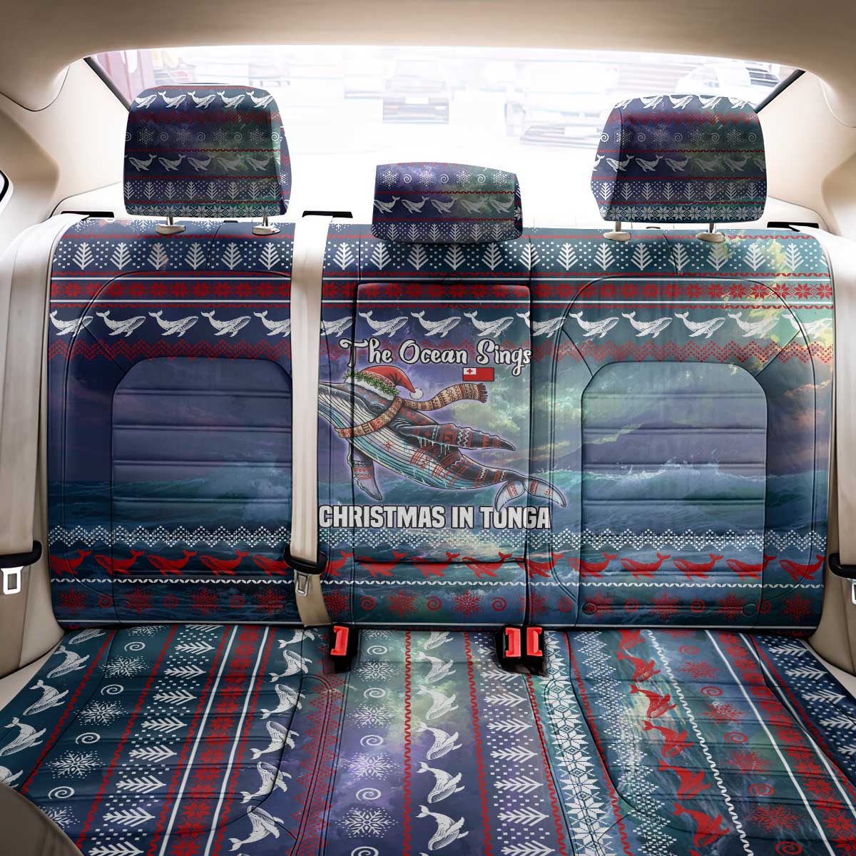 Tonga Christmas Back Car Seat Cover with Singing Whale Ocean Scene National Coat of Arms TS04 - Polynesian Pride