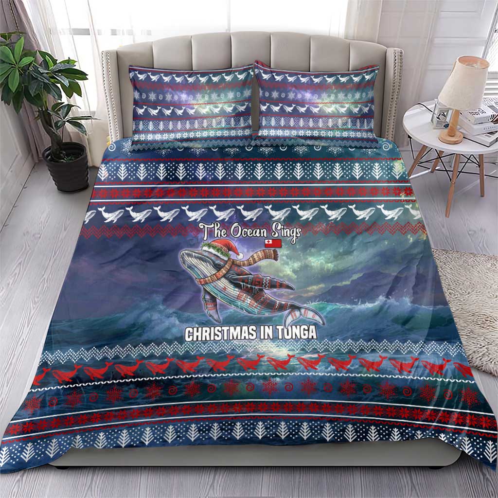 Tonga Christmas Bedding Set with Singing Whale Ocean Scene National Coat of Arms - Polynesian Pride