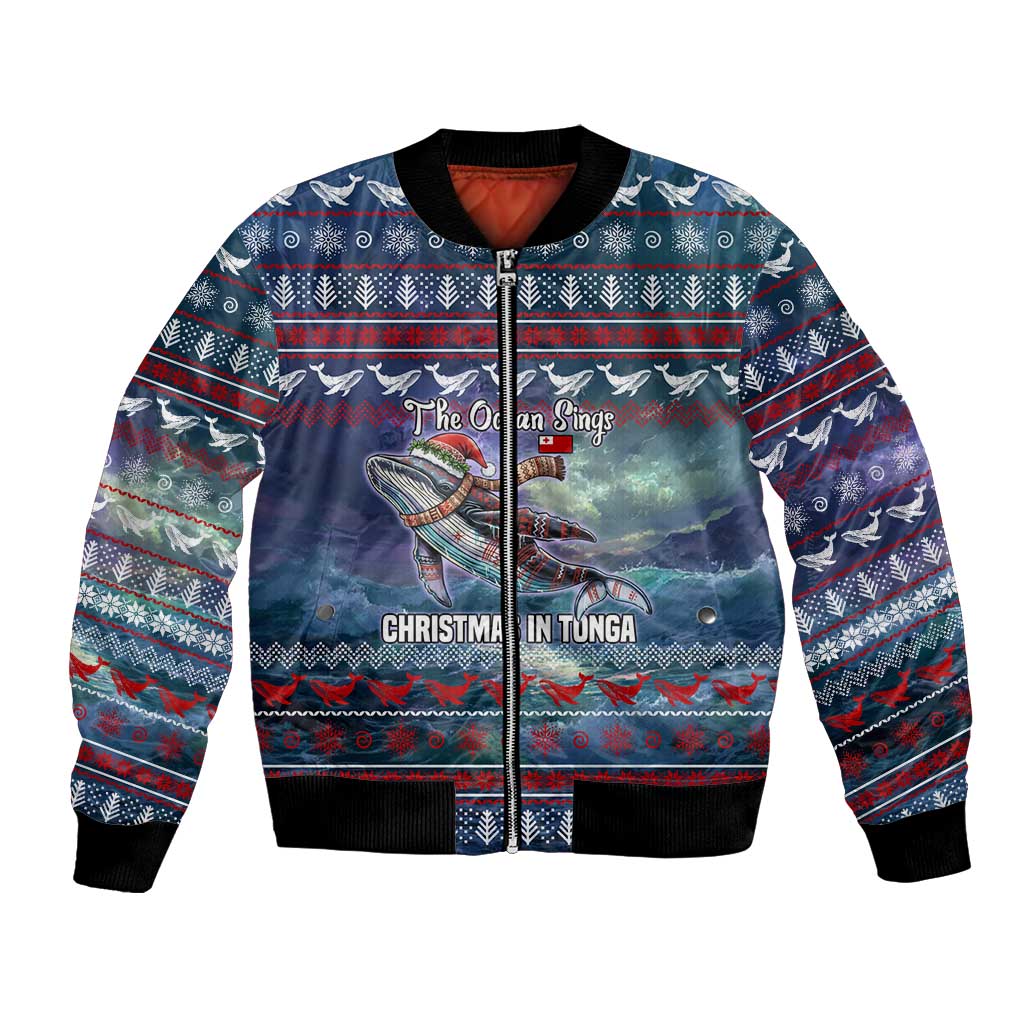 Tonga Christmas Bomber Jacket with Singing Whale Ocean Scene National Coat of Arms TS04 Unisex Multicolor - Polynesian Pride