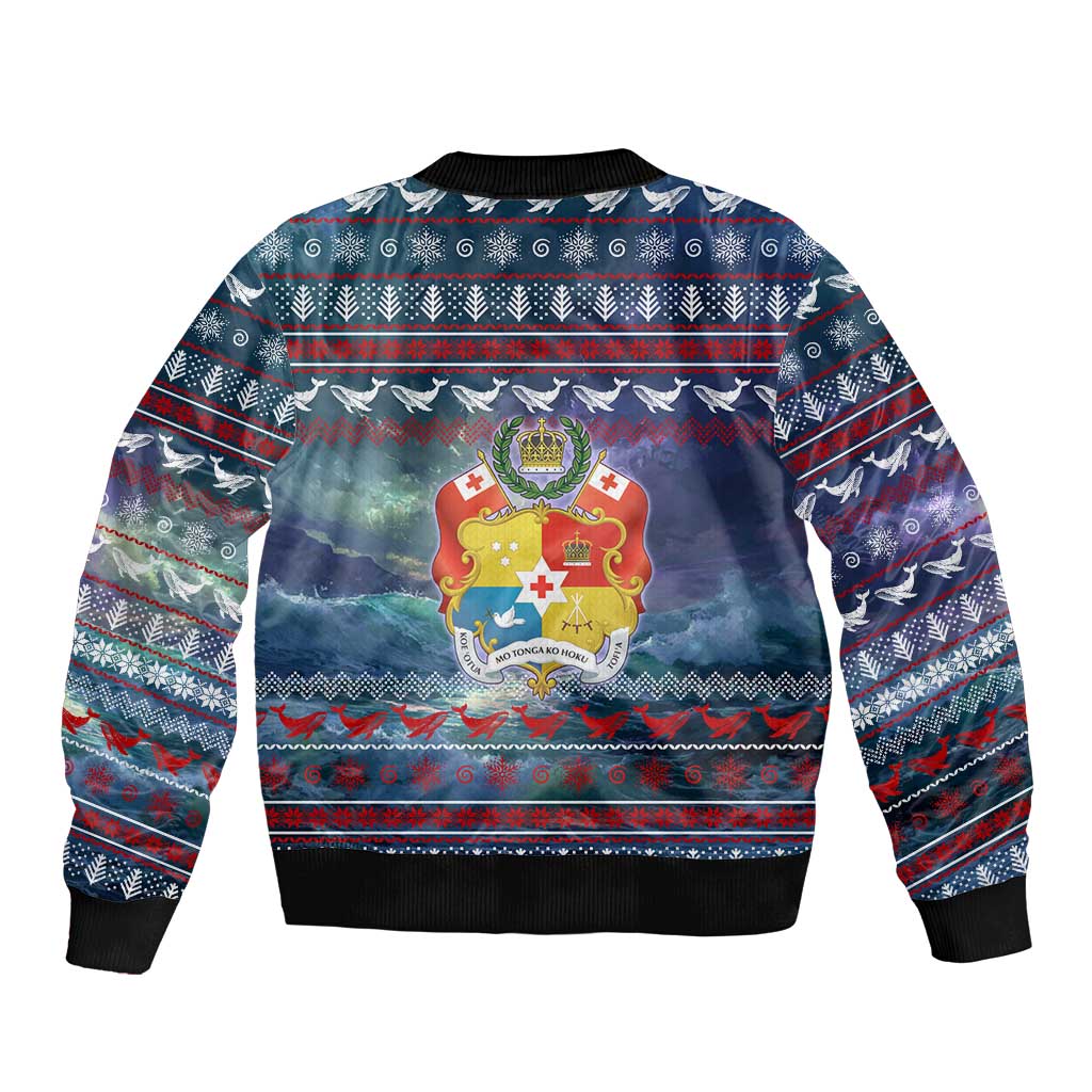 Tonga Christmas Bomber Jacket with Singing Whale Ocean Scene National Coat of Arms TS04 - Polynesian Pride