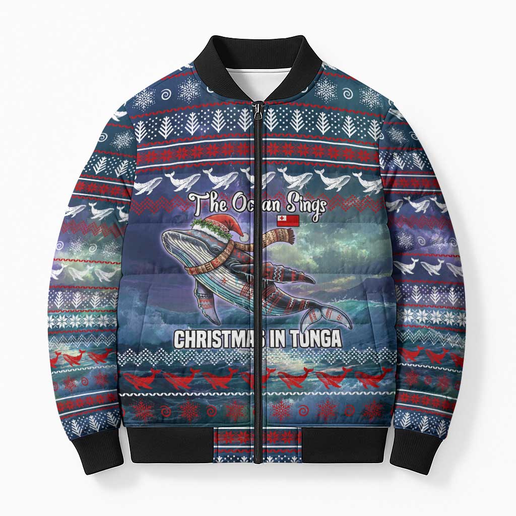 Tonga Christmas Bomber Puffer Jacket with Singing Whale Ocean Scene National Coat of Arms TS04 Unisex Multicolor - Polynesian Pride
