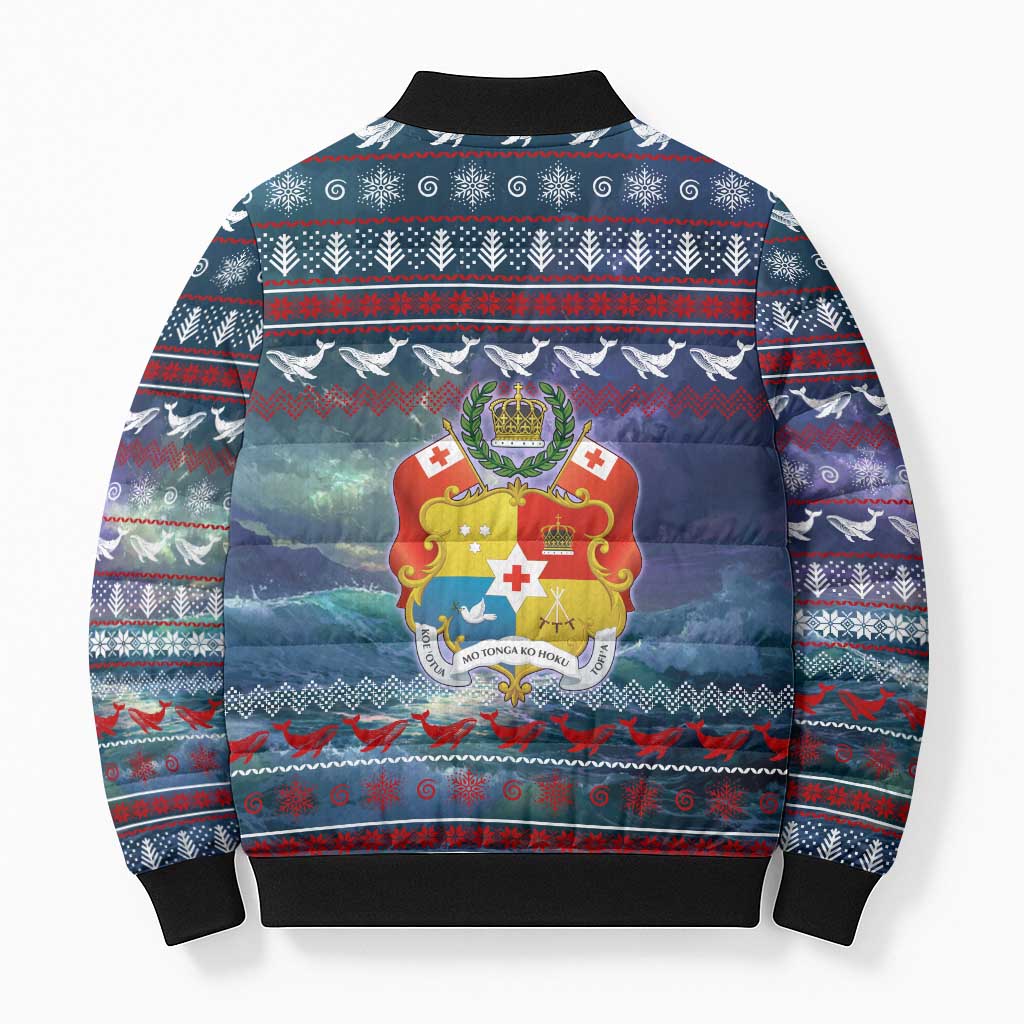 Tonga Christmas Bomber Puffer Jacket with Singing Whale Ocean Scene National Coat of Arms TS04 - Polynesian Pride
