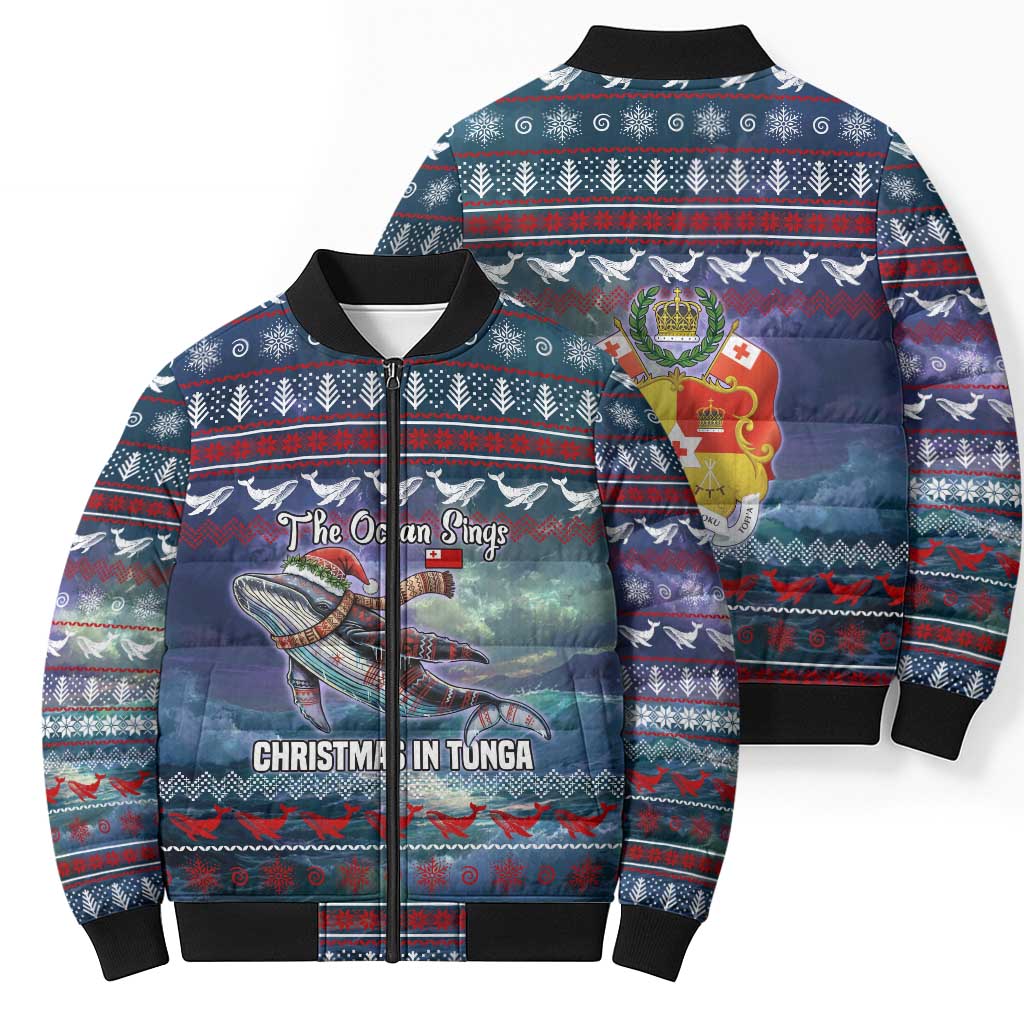 Tonga Christmas Bomber Puffer Jacket with Singing Whale Ocean Scene National Coat of Arms TS04 - Polynesian Pride
