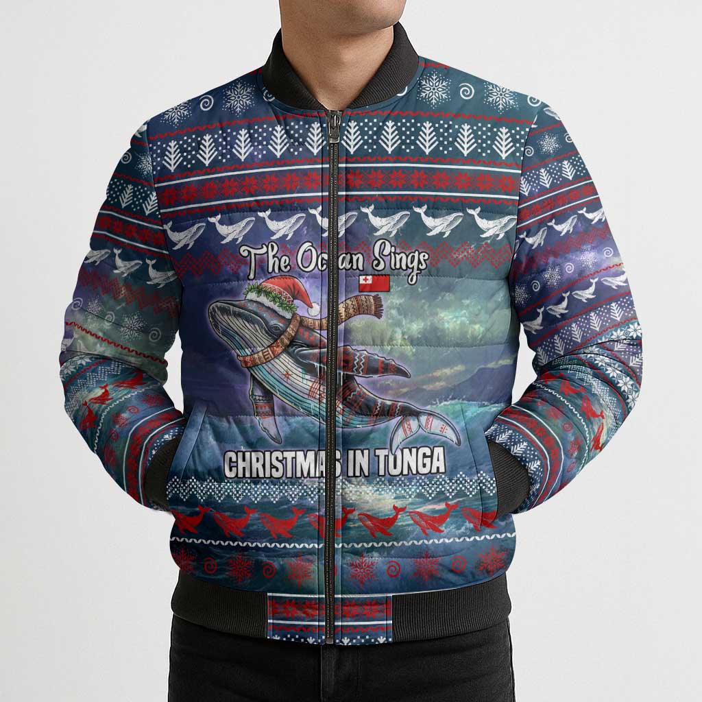 Tonga Christmas Bomber Puffer Jacket with Singing Whale Ocean Scene National Coat of Arms TS04 - Polynesian Pride