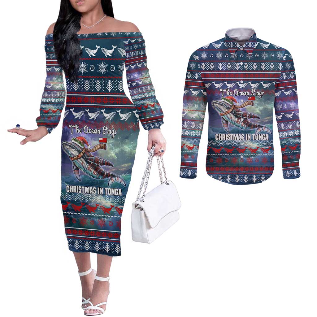 Tonga Christmas Couples Matching Off The Shoulder Long Sleeve Dress and Long Sleeve Button Shirt with Singing Whale Ocean Scene National Coat of Arms TS04 Multicolor - Polynesian Pride