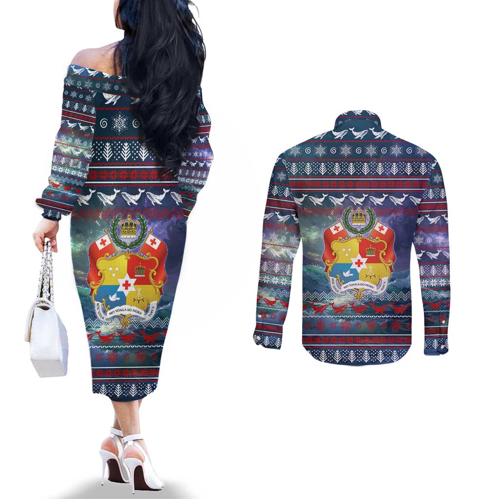 Tonga Christmas Couples Matching Off The Shoulder Long Sleeve Dress and Long Sleeve Button Shirt with Singing Whale Ocean Scene National Coat of Arms TS04 - Polynesian Pride