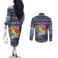Tonga Christmas Couples Matching Off The Shoulder Long Sleeve Dress and Long Sleeve Button Shirt with Singing Whale Ocean Scene National Coat of Arms TS04 - Polynesian Pride