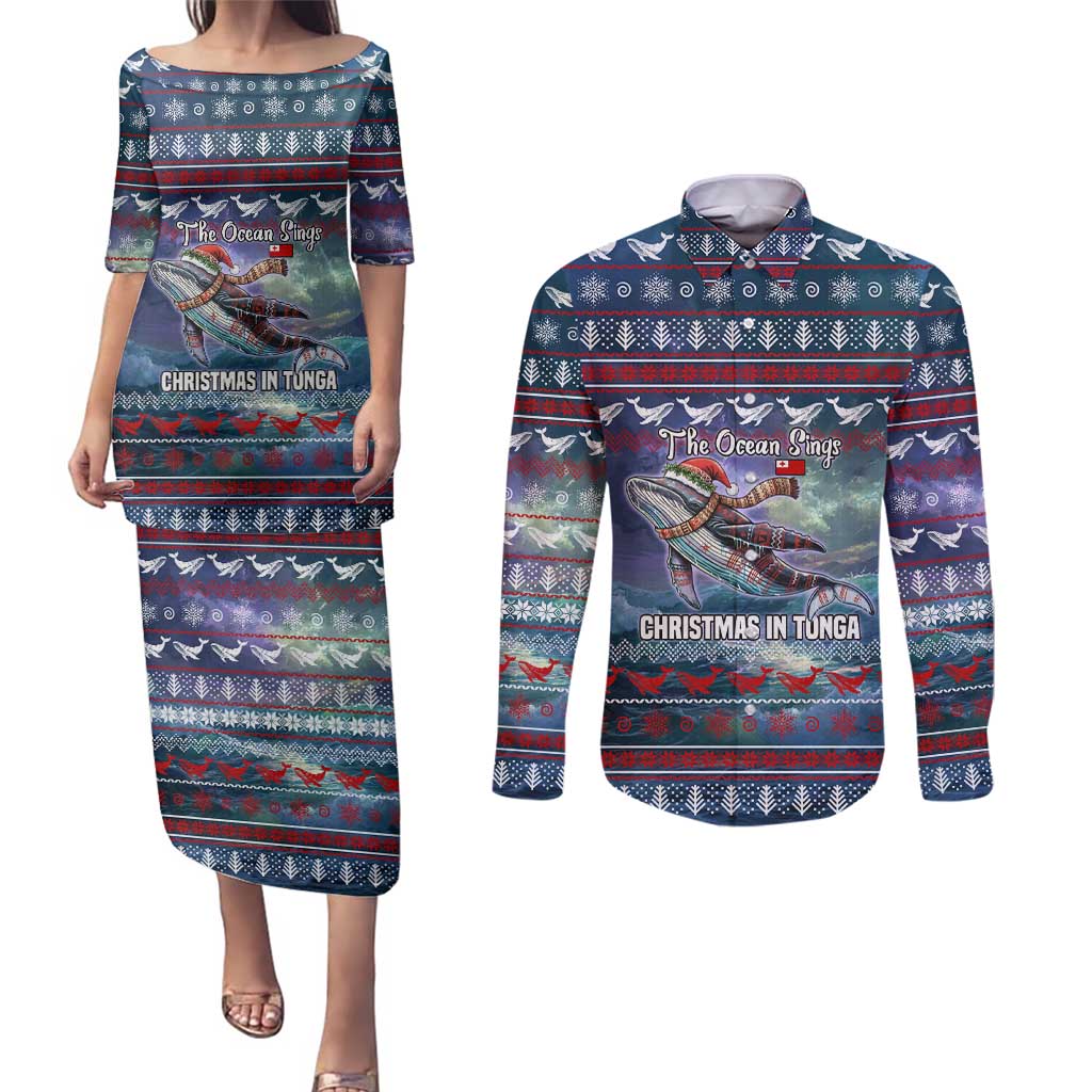 Tonga Christmas Couples Matching Puletasi and Long Sleeve Button Shirt with Singing Whale Ocean Scene National Coat of Arms TS04 Multicolor - Polynesian Pride