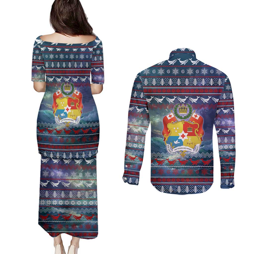 Tonga Christmas Couples Matching Puletasi and Long Sleeve Button Shirt with Singing Whale Ocean Scene National Coat of Arms TS04 - Polynesian Pride