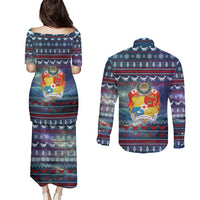 Tonga Christmas Couples Matching Puletasi and Long Sleeve Button Shirt with Singing Whale Ocean Scene National Coat of Arms TS04 - Polynesian Pride