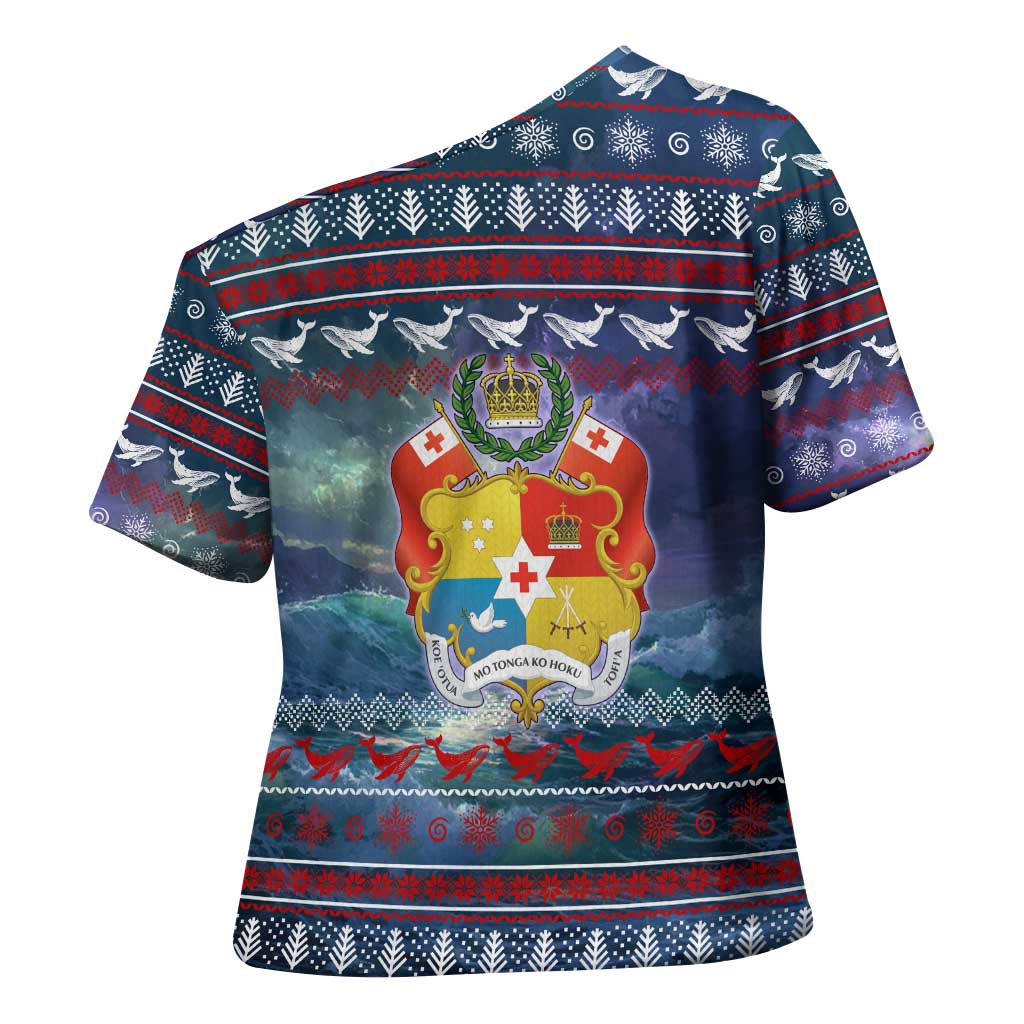 Tonga Christmas Cross Shoulder Shirt with Singing Whale Ocean Scene National Coat of Arms - Polynesian Pride