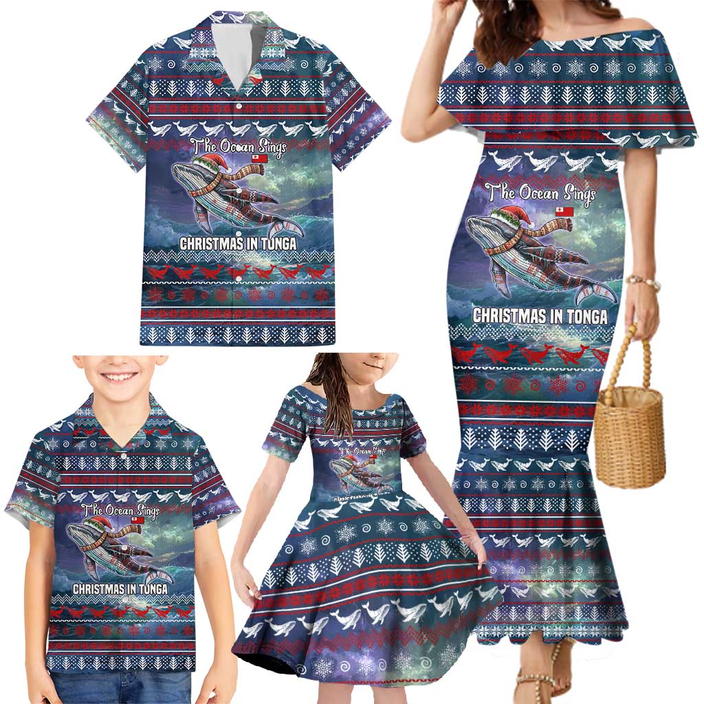 Tonga Christmas Family Matching Mermaid Dress and Hawaiian Shirt with Singing Whale Ocean Scene National Coat of Arms - Polynesian Pride