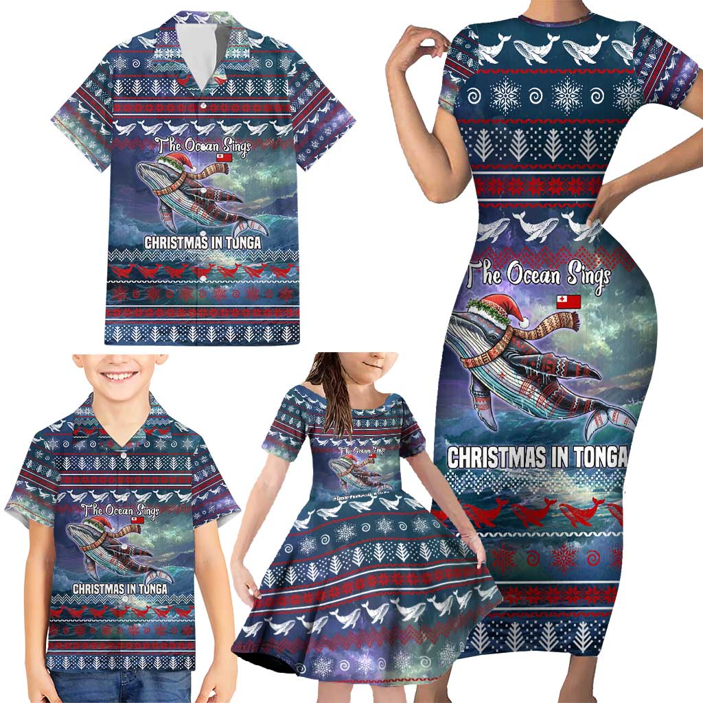 Tonga Christmas Family Matching Short Sleeve Bodycon Dress and Hawaiian Shirt with Singing Whale Ocean Scene National Coat of Arms - Polynesian Pride