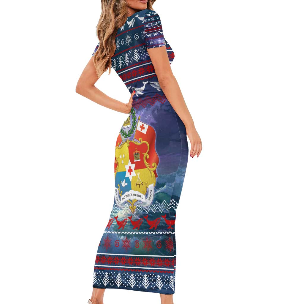Tonga Christmas Family Matching Short Sleeve Bodycon Dress and Hawaiian Shirt with Singing Whale Ocean Scene National Coat of Arms - Polynesian Pride
